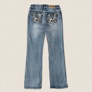 Platinum Plush Y2K Bootcut Jeans Skull Angel Wings Rhinestone Studded Size 15